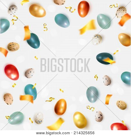 Easter background with golden orange and blue glossy eggs. A set of realistic painted eggs of chicken and quail with space for text. View from above. Isolated on white background. Vector illustration