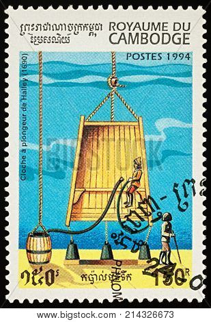 Moscow Russia - November 19 2017: A stamp printed in Cambodia shows old diving bell of Edmond Halley (1690) series 