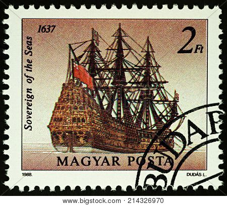 Moscow Russia - November 18 2017: A stamp printed in Hungary shows great English battleship 