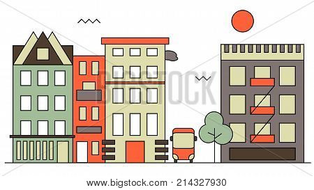 Modern street scenery in flat design style. Residential district with building, trees and houses