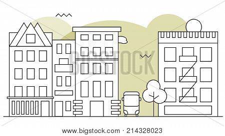 Modern street scenery in flat outline design style. Residential district with building, trees and houses
