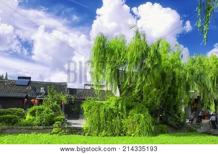 Chinese style buildings surrounding the water canals of Xitang town in Jiashan county in Zhejiang province China.