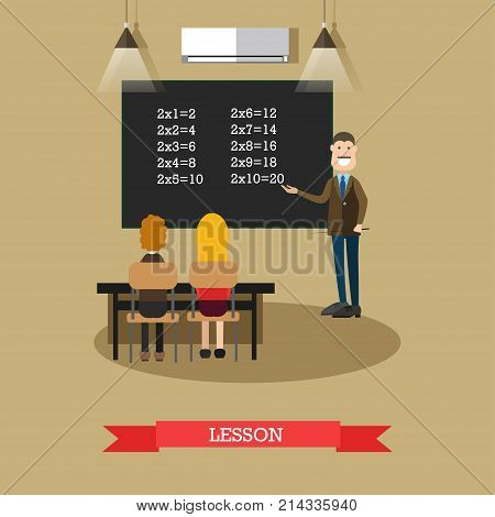 Vector illustration of maths teacher male pointing at blackboard and school children sitting at the desk and listening to the teacher. Classroom interior. Lesson concept design element in flat style.