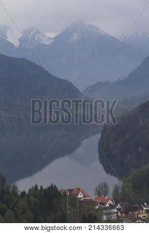 Beautiful view of the Alpsee lake from the Neuschwanstein castle located near the city of Füssen, Munich