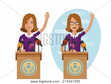 Orator speaks from rostrum. Publicly speech concept. Cartoon vector illustration isolated on white background
