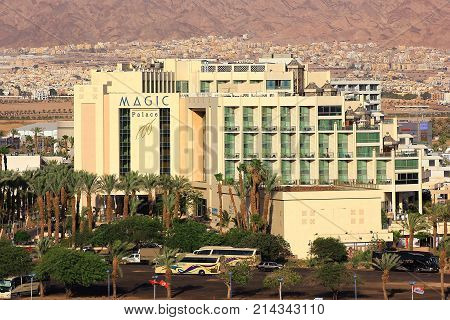 Eilat, Israel - MAY 24: modern hotel Magic Palace in popular resort - Eilat of Israel on May 24, 2017 Eilat, Israel. Magic Palace Hotel Eilat offers 322 apartments and suites, belongs Fattal Group