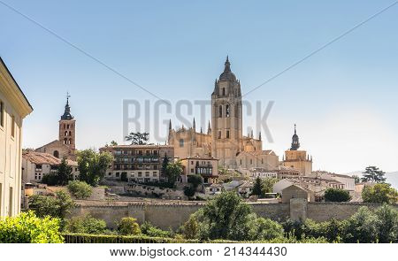 view of the historic city of Segovia and Catedral de Santa Maria de Segovia Castilla y Leon.
