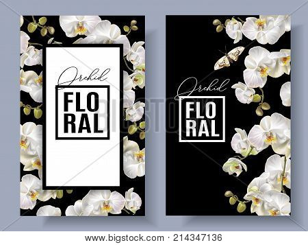 Vector vertical banners with white orchid flowers on black background. Floral design for cosmetics, perfume, beauty care products. Can be used as greeting card, wedding illustration