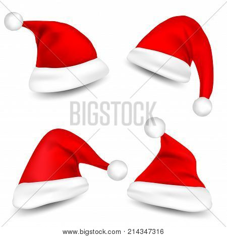 Christmas Santa Claus Hats With Shadow Set. New Year Red Hat Isolated on White Background. Vector illustration.