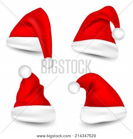 Christmas Santa Claus Hats With Shadow Set. New Year Red Hat Isolated on White Background. Vector illustration.