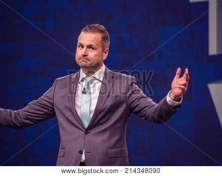 BERLIN GERMANY - NOV 13 2017: NetApp EMEA General Manager Alexander Wallner makes speech at NetApp Insight 2017 conference in Berlin Germany on Nov 13 2017.