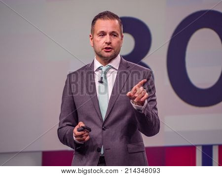 BERLIN GERMANY - NOV 13 2017: NetApp EMEA General Manager Alexander Wallner makes speech at NetApp Insight 2017 conference in Berlin Germany on Nov 13 2017.