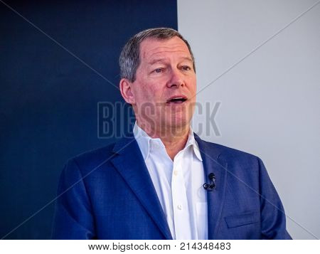 BERLIN GERMANY - NOV 13 2017: NetApp Chief Technology Officer Mark Bregman makes speech at NetApp Insight 2017 conference in Berlin Germany on Nov 13 2017.