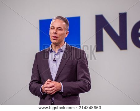 BERLIN GERMANY - NOV 14 2017: Partner Director of Microsoft Azure Storage Program Management Tad Brockway makes speech at NetApp Insight 2017 conference in Berlin Germany on Nov 14 2017.