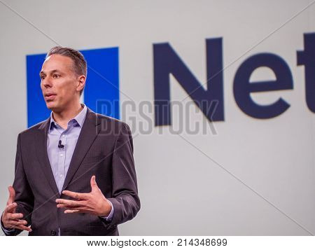 BERLIN GERMANY - NOV 14 2017: Partner Director of Microsoft Azure Storage Program Management Tad Brockway makes speech at NetApp Insight 2017 conference in Berlin Germany on Nov 14 2017.