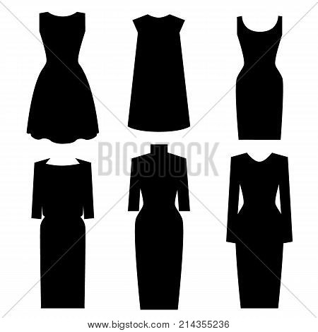 Little Black Dress Designs. Short and long dresses. Vector set