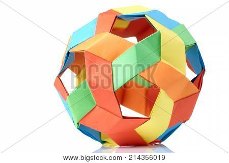Multicolor sphericalal abstract origami decoration. Difficult level, skills and experience, art of folding paper.