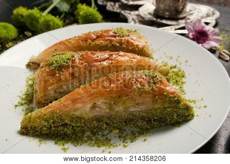 Baklava traditional oriental dessert. Sweet turkish food background concept