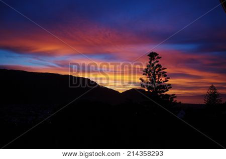 Sunrise fire in the sky with tree silhouette on black mountain