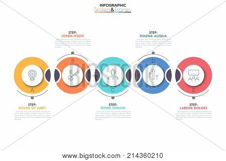 Five separate round elements with thin line pictograms inside and text boxes placed chequerwise. Successive steps to goal achievement concept. Vector illustration for brochure, presentation, website.