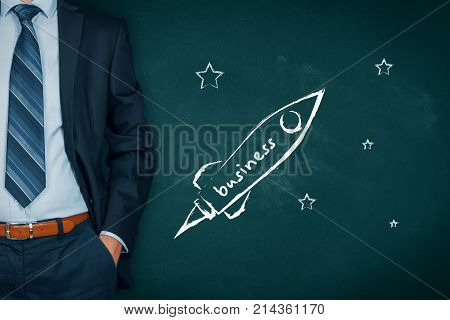 Businessman help to speedily increase business growth represented by spaceship.
