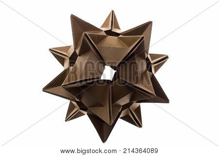 Stellated spiky origami model isolated on white. Beautiful and intricate geometry of modular paper folding.