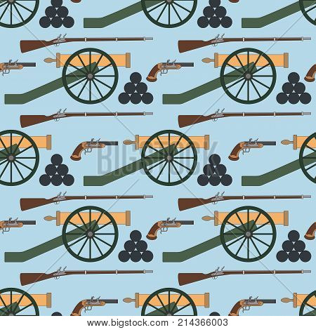 Seamless pattern with cannons smoothbore rifles and pistols. Can be used for graphic design, textile design or web design.