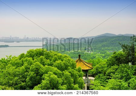 A landscape picture of Turtle Island on Lake Tai (taihu) in Wuxi China in Jiangsu province.