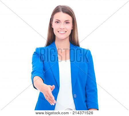 Business woman with arm extended for a handshake.