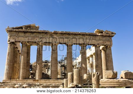 closeup of the historic ruins of the Parthenon athens greece