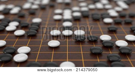 Traditional asian goban board and weiqi go game. 3d illustration, with depth of field blur effect.