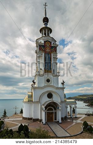 Malorechenskoye, Russia - June 07, 2016: Church-lighthouse of St. Nicholas the Miracle-Worker of Myra in the village of Malorechenskoye on the southern coast of the Crimea
