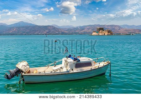 Bourtzi Fortress In Greece Nafplion In A Beautiful Summer Day