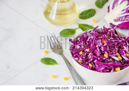Fresh Red Cabbage Salad With Corn. Vegeterian And Diet Food. Space For Text