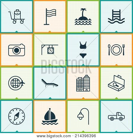 Travel Icons Set With Ornament Watch, Hotel, Vehicle Car And Other Lamppost Elements. Isolated Vector Illustration Travel Icons.