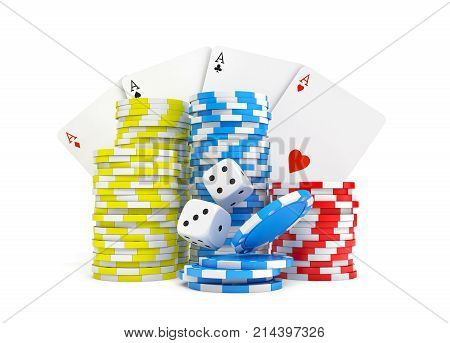 3d rendering of four different ace cards with casino chip stacks and white dice. Bets and stakes. Lose or win. Casino and luck.