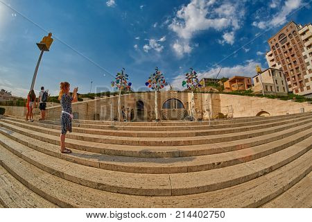 YEREVAN, ARMENIA - 05 AUGUST 2017: Famous Cascade Park, fountains and staircase in Erevan, the capital of Armenia