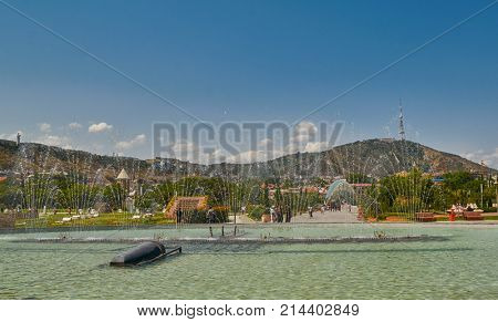 TBILISI, GEORGIA - 31 AUGUST 2017: Fountains in Rike Park, the capital of Georgia
