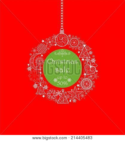 Red green label for christmas sale with hanhing lacy decorative wreath