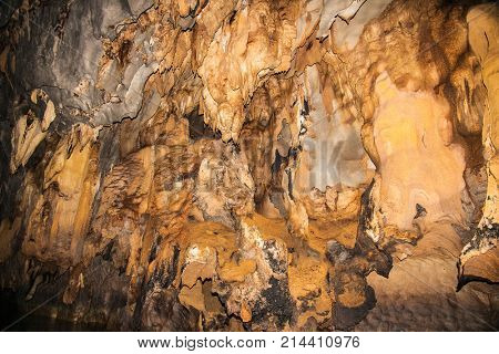 Stalactite and stalagmite in cave of Puerto Princesa subterranean underground river , Palawan island, Philippines. 
