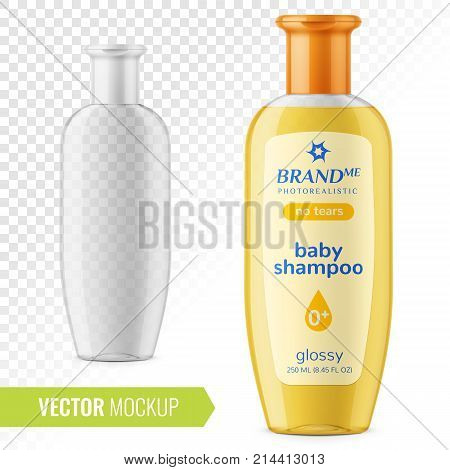 Transparent plastic bottle for baby shampoo, shower gel, lotion, body milk, bath foam. Photo-realistic packaging mockup template with sample design. Front view. Vector 3d illustration.