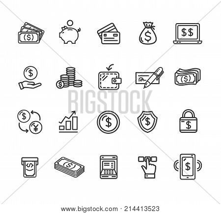 Money Finance Symbols and Signs Black Thin Line Icon Set Include of Shield, Lock, and Moneybox. Vector illustration