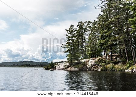 Canada Ontario Lake Of Two Rivers Natural Wild Landscape Near The Water In Algonquin National Park