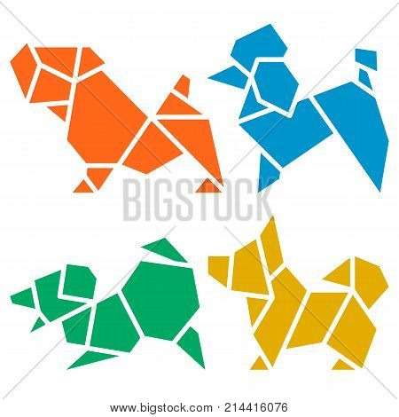 Vector Origami Dogs Icon Set. Abstract Low Poly Pet Dog Breed Sign Silhouette Isolated on White. Freehand Drawn Paper Folding Art Emblem. Template Geometric Logo Design. 2018 Chinese New Year Symbol