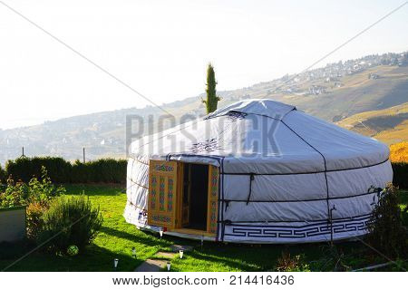 Streetcars or tram electric wires against the blue sky