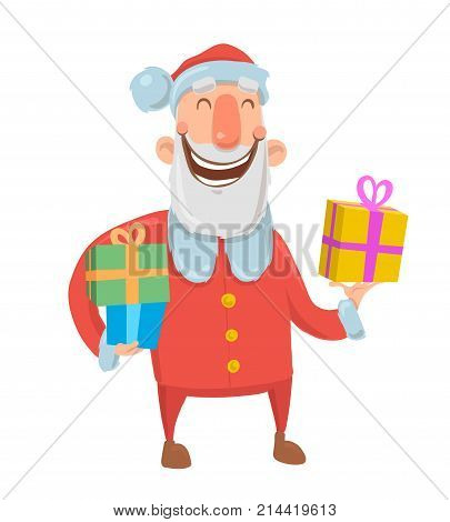 Funny smiling Santa Claus carries gifts in colorful boxes on white background. Merry Christmas and Happy New Year. Isolated vector illustration. Cartoon character.