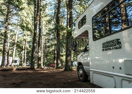 Canada Ontario Algonquin National Park 30.09.2017 - Parked RV camper car at Lake of two rivers Campground Beautiful natural forest landscape