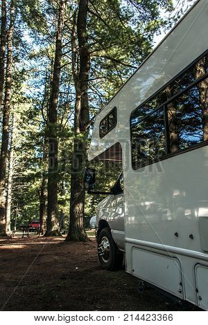 Lake of two rivers Campground Algonquin National Park a Beautiful natural forest landscape Canada Parked RV camper car