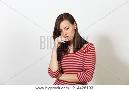 Pretty European Young Worried And Pensive Brown-haired Woman With Healthy Clean Skin, Dressed In Cas