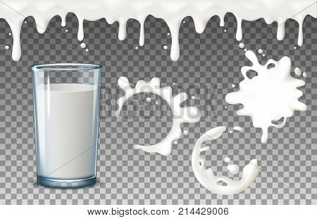 Transparent realistic glasses of milk on blue background, nutricious and organic, for breakfast